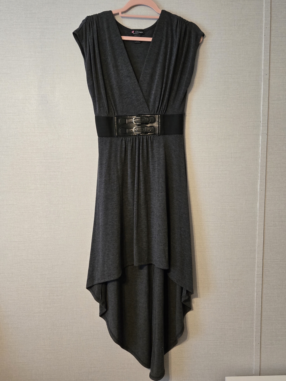 Delirious Charcoal Gray High-Low V-Neck Dress with Buckled Waist